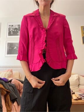 Ruffled V-Neck Women's Top in Hot Pink